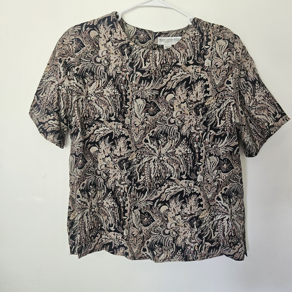 VTG Valerie Stevens Silk Taupe Black Short Sleeve Blouse Top Women 12 Paisley
